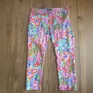 Lauren Ralph Lauren Pink Aqua Lilac Watercolor Floral Polished Cotton Pants 12